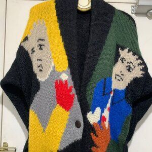 VINTAGE GRAPHIC KNIT BELTED WOOL SWEATER CARDIGANS SIZE XL